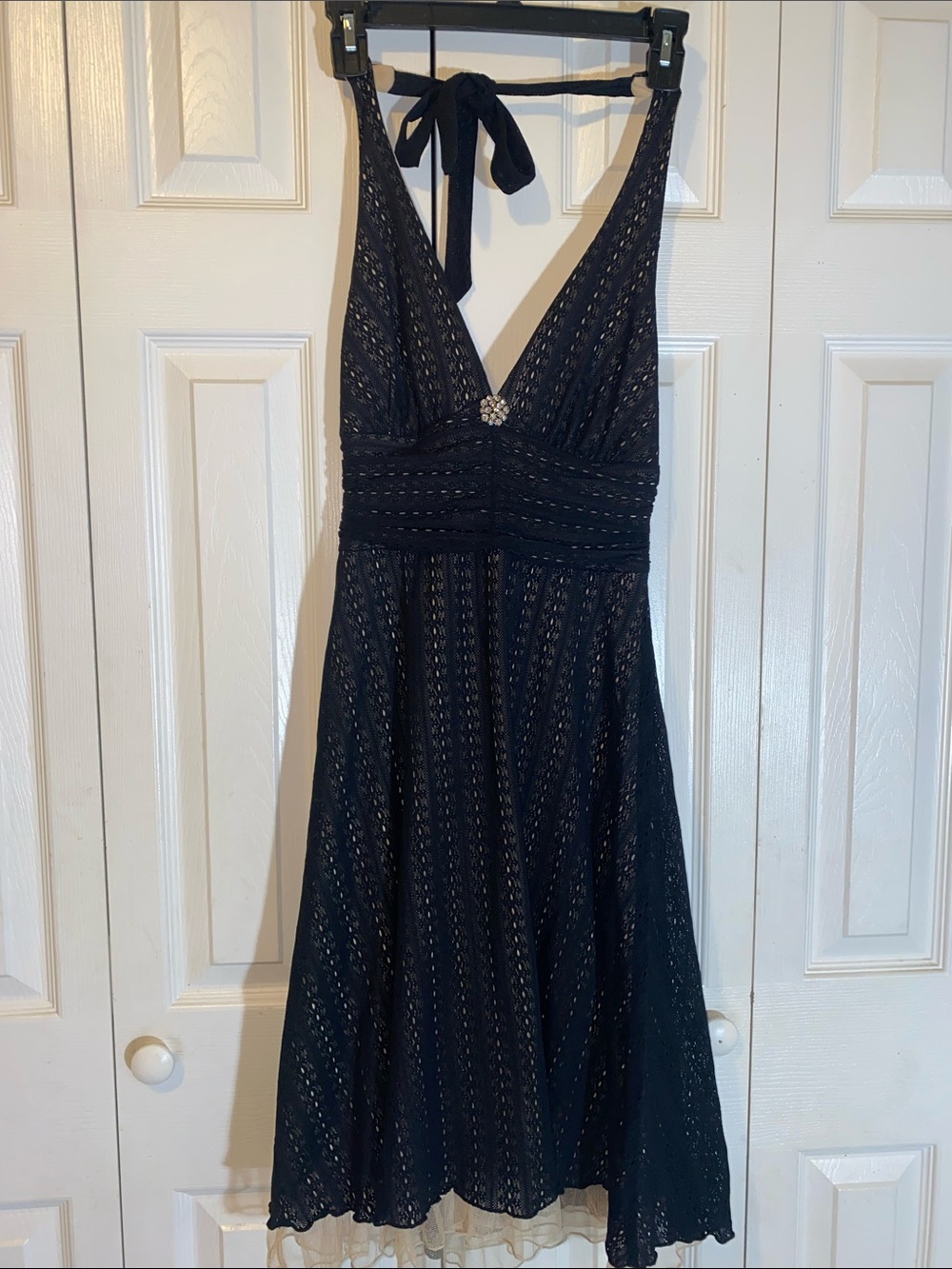 Speechless Black Halter Lace Midi Dress with Brooch- Vintage 90s- Y2K